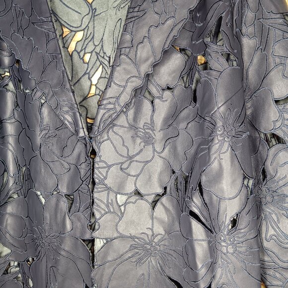 Chico's Faux Leather Laser Cut Floral Blazer Navy XL 16 - Picture 5 of 13
